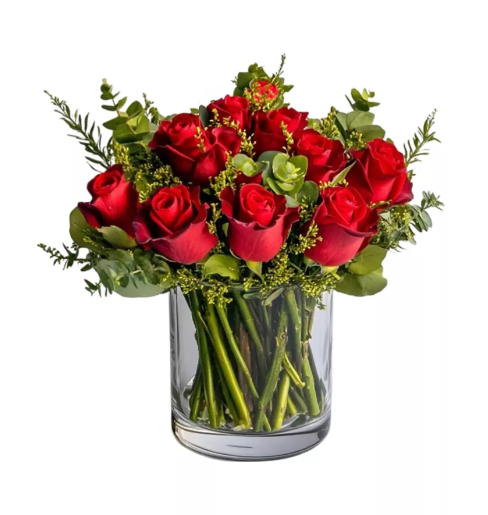 Blushing Rose Arrangement In Glass Container