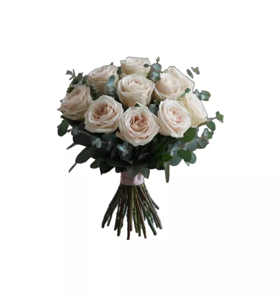 Delicate Champagne roses and eucalyptus.