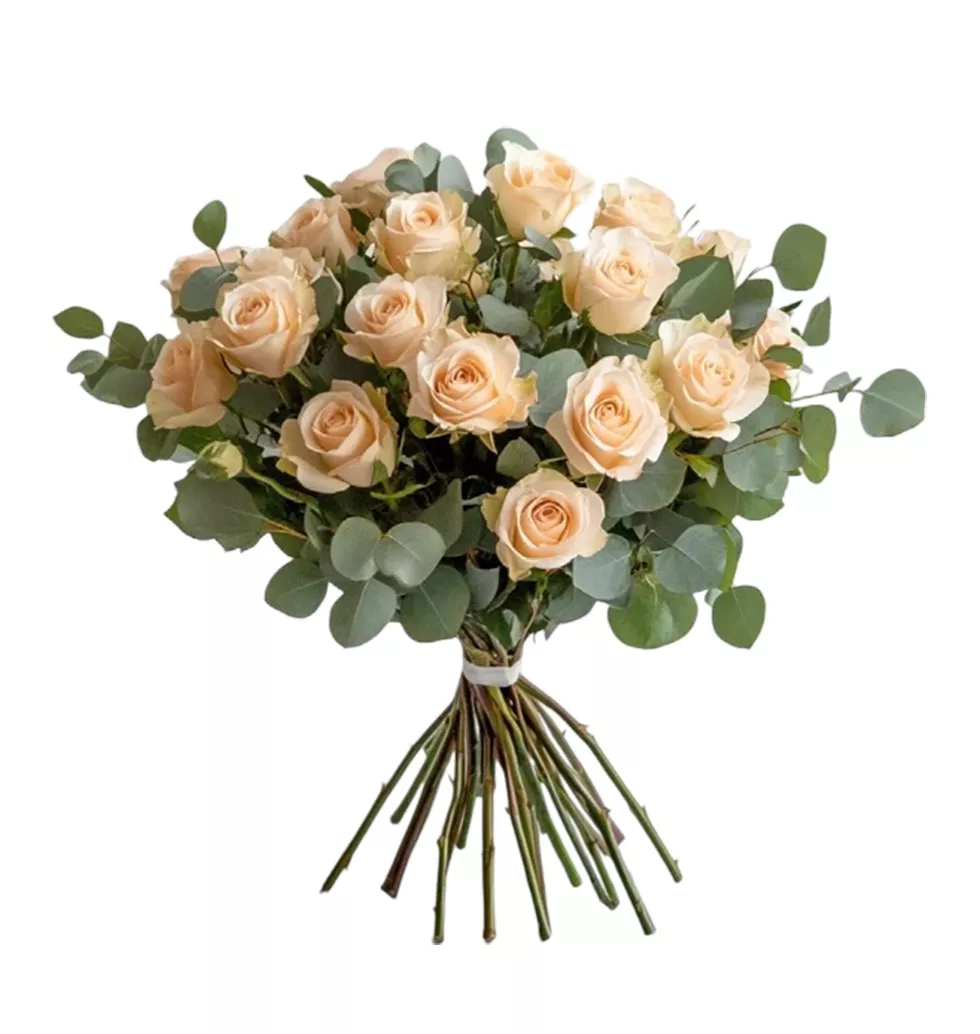 Gorgeous Champagne roses and eucalyptus